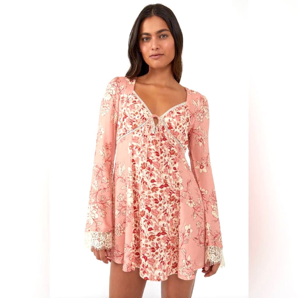 FREE PEOPLE Odette Printed Tunic-Boho Flowy Floral Top-Pink Petal Combo- Size XS